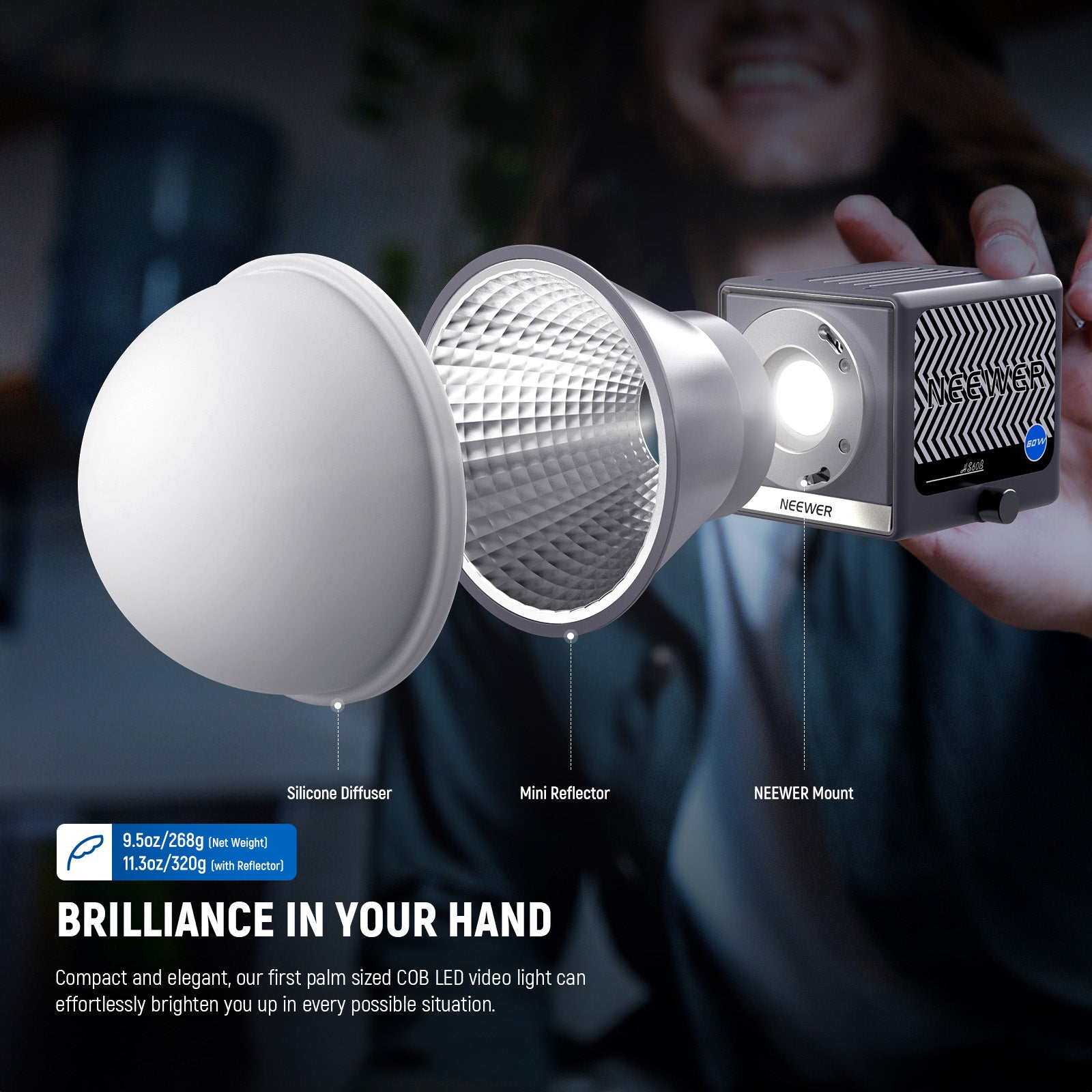 Neewer HS60B Mini Video Light with App Control — 60W Handheld Bi-Color COB LED, 2700–6500K, CRI/TLCI 97+, 35000lux, 12 FX, USB-C